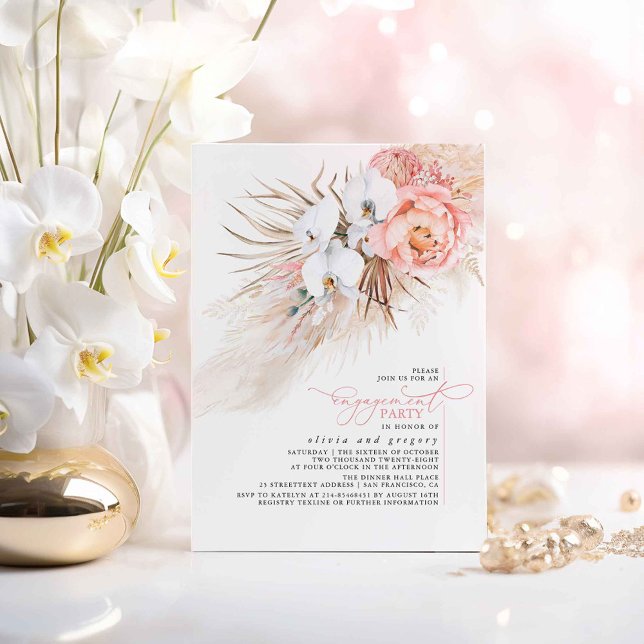Rosa Blommigt Pampas Grass Förlovningsfest Inbjudningar (Boho Floral Pink Engagement Party Invitations)