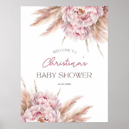 Rosa Blommigt Pampas Grass Girl Baby Shower Välkom Poster