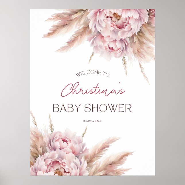 Rosa Blommigt Pampas Grass Girl Baby Shower Välkom Poster (Framsidan)