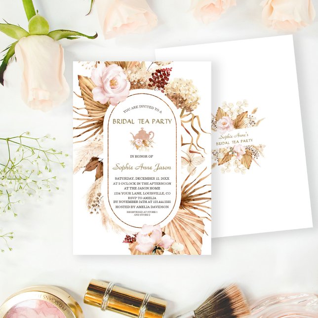 Rosa Blommigt Pampas Grass Handflatan Möhippa Tea  Inbjudningar (trendy bridal tea party invite, pampas grass terracotta bridal shower invitation, elegant bridal tea)