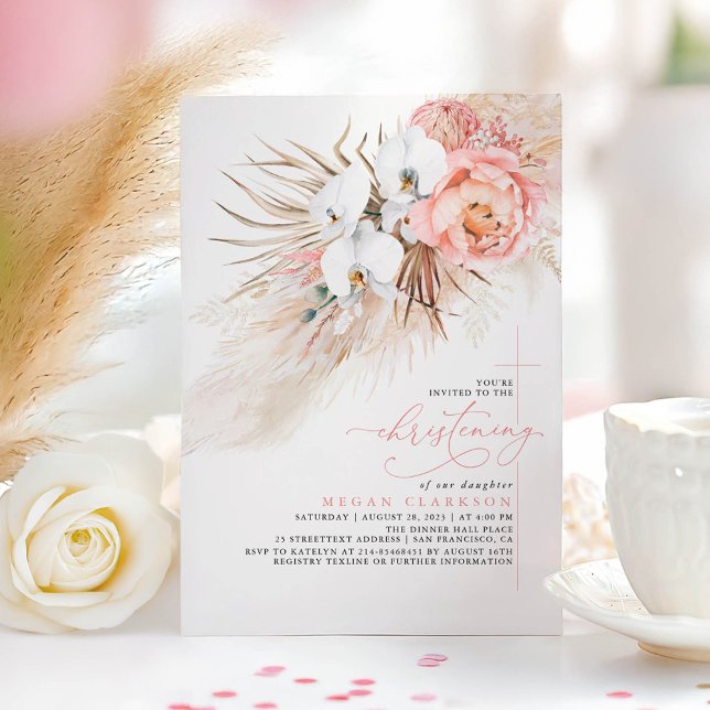 Rosa Blommigt Pampas Grass Modern Christening Inbjudningar (Pink Floral Christening Invitation)