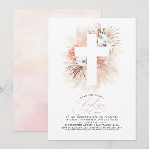 Rosa Blommigt Pampas Grass Modern Girls Baptism Inbjudningar