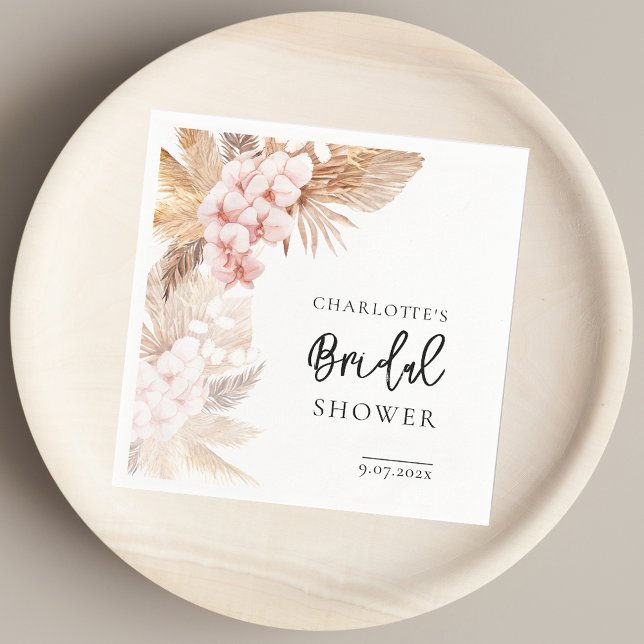 Rosa Blommigt Pampas Grass Möhippa Papper Pappersservett (Pink Floral Pampas Grass Bridal Shower Paper Napkins)