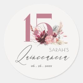 Rosa Blommigt Pampas Grass Quinceanera 15:e födels Runt Klistermärke