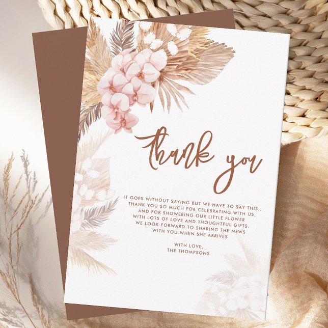 Rosa Blommigt Pampas Grass Script Baby Shower Tack Kort (Baby Shower Script Pampas Grass Terracotta Thank You Card)