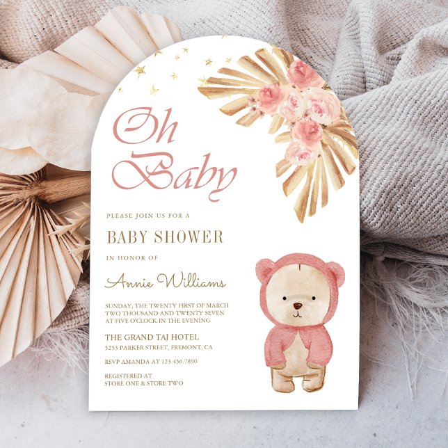 Rosa Blommigt Pampas Nalle Arch Baby Shower Inbjudningar (Skapare uppladdad)