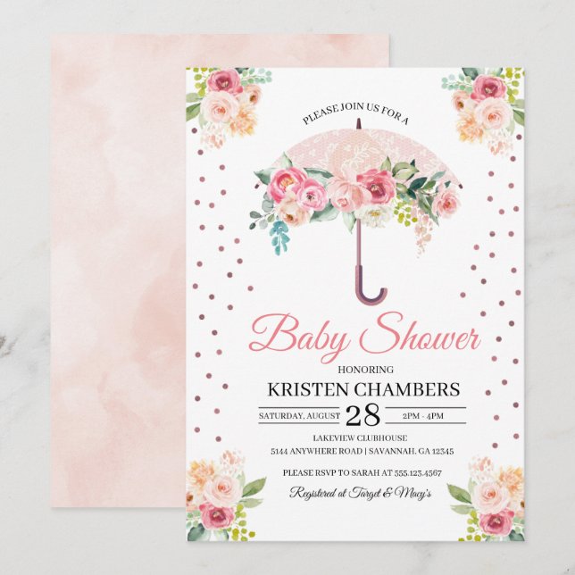 Rosa Blommigt Paraplla Baby Shower-inbjudan Inbjudningar (Fram/baksida)