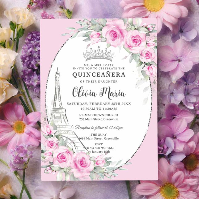 Rosa Blommigt Paris Butterflies Quinceañera Sweet  Inbjudningar (Skapare uppladdad)