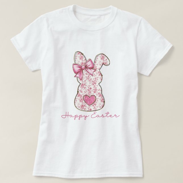 Rosa Blommigt Påskhare Coquette Bow T Shirt (Design framsida)