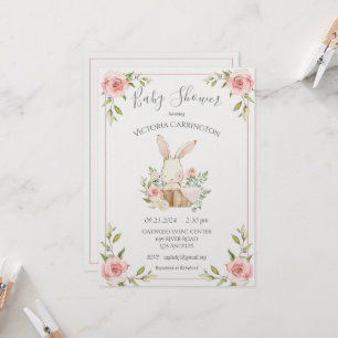 Rosa Blommigt Pearl Shimmer Bunny Baby Shower Inbjudningar