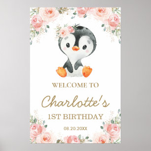Rosa Blommigt Penguin 1:a födelsedag Välkommen Poster
