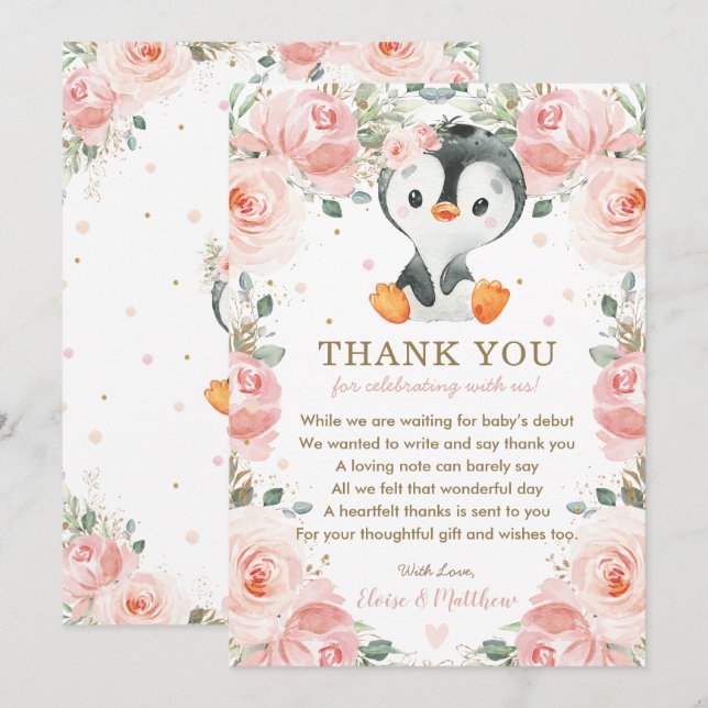  Rosa Blommigt Penguin Baby Shower Birthday Tack Kort (Fram/baksida)