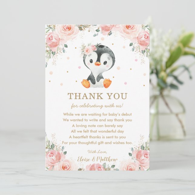  Rosa Blommigt Penguin Baby Shower födelsedag  Tack Kort (Stående Fram)