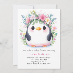 Rosa Blommigt Penguin Glatt Stollig Baby Shower Inbjudningar