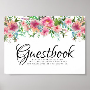 Rosa Blommigt Peoney Christening Guestbook-tecken Poster