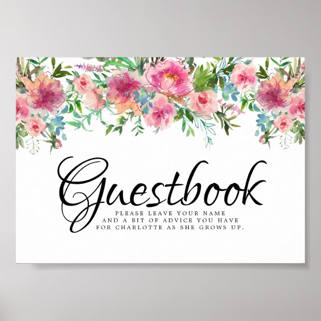 Rosa Blommigt Peoney Christening Guestbook-tecken Poster (Framsidan)