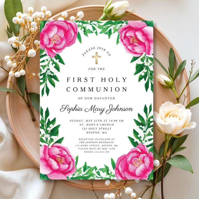 Rosa Blommigt Peonies Religiösa First Communion Inbjudningar (Pink Floral Peonies Religious First Communion Invitation)