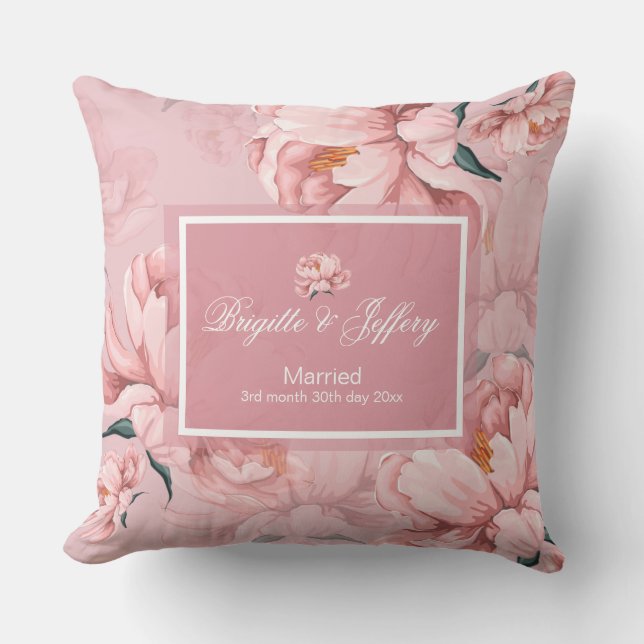 Rosa blommigt peony-blomma dekorativ kudde (Framsida)