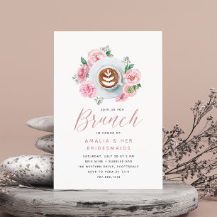 Rosa Blommigt Peony & Coffee Bridesmaids Brunch Inbjudningar