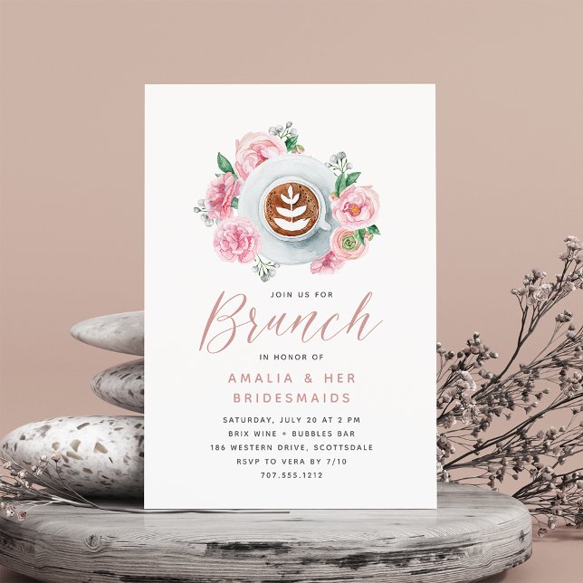 Rosa Blommigt Peony & Coffee Bridesmaids Brunch Inbjudningar (Skapare uppladdad)