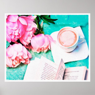 Rosa Blommigt Peony Mysigt Latte Watercolor Poster