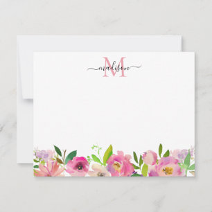 Rosa Blommigt Peony Pastel Feminine Monogram Anteckningskort