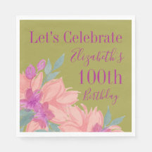 Rosa Blommigt Personlig 100th Birthday Napkins