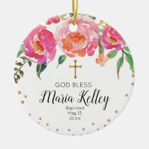 Rosa Blommigt Personlig Flickbaptism Ornamik Julgransprydnad Keramik