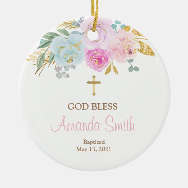 Rosa Blommigt Personlig Girl Girl Baptism Ornament (Framsidan)