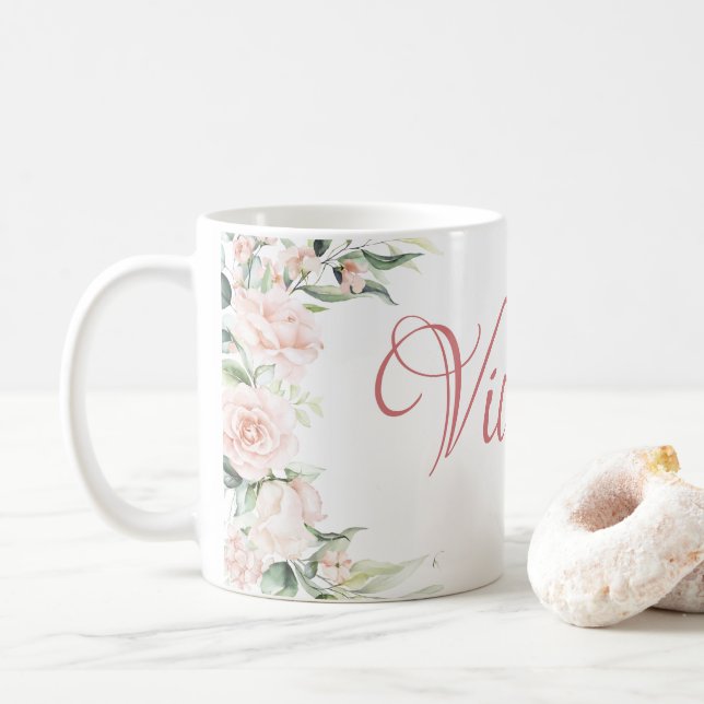 Rosa Blommigt Personlig Kaffemugg (Med munk)