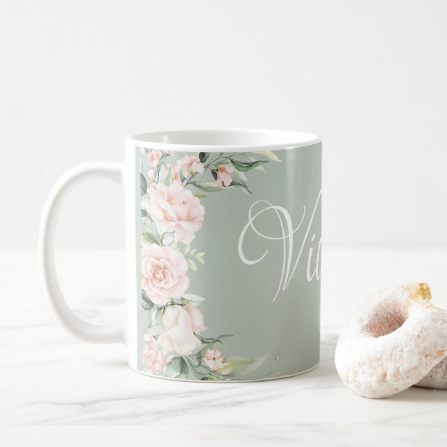 Rosa Blommigt Personlig Kaffemugg (Med munk)