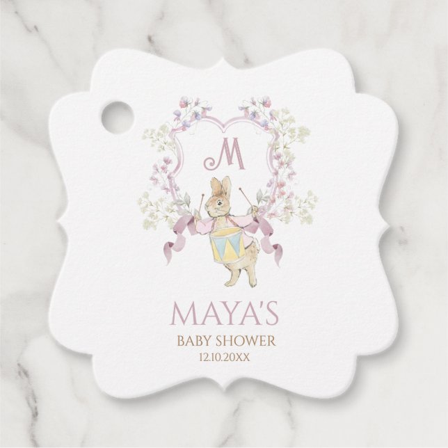 Rosa Blommigt Peter, Rabbit Monogram Baby Shower Gåvor Etiketter (Framsida)