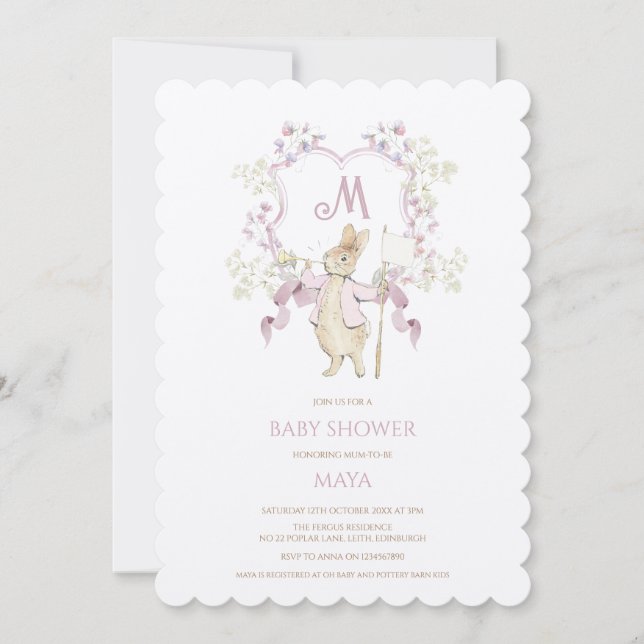 Rosa Blommigt Peter, Rabbit Monogram Baby Shower Inbjudningar (Framsida)