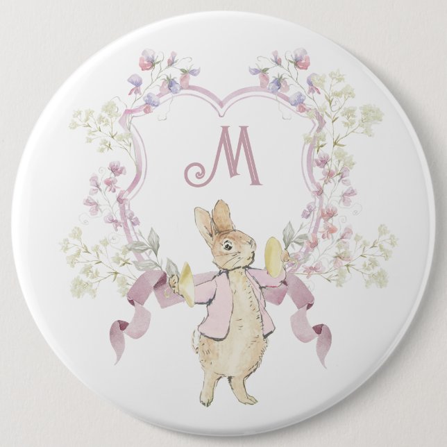 Rosa Blommigt Peter, Rabbit Monogram Baby Shower Knapp (Framsida)