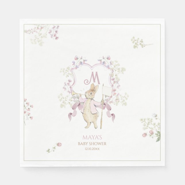 Rosa Blommigt Peter, Rabbit Monogram Baby Shower Pappersservett (Framsidan)
