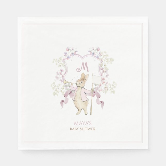 Rosa Blommigt Peter, Rabbit Monogram Baby Shower Pappersservett (Framsidan)