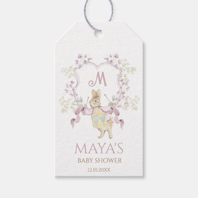 Rosa Blommigt Peter, Rabbit Monogram Baby Shower Presentetikett (Framsidan)