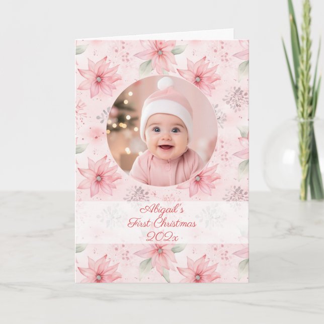 Rosa Blommigt Photo Baby Första jul Helgkort (Framsida)