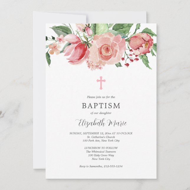 Rosa Blommigt Photo Bible Verse Baptism for Girls Inbjudningar (Framsida)