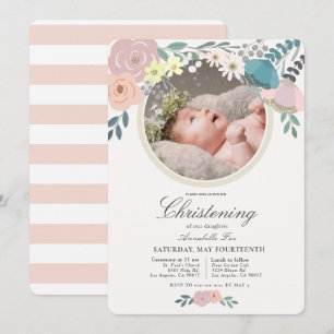 Rosa Blommigt Photo Girl Christening Inbjudningar