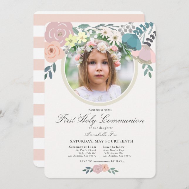 Rosa Blommigt Photo Girl First Heliga Communion Inbjudningar (Fram/baksida)