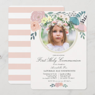 Rosa Blommigt Photo Girl First Heliga Communion Inbjudningar