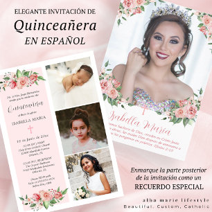 Rosa Blommigt Photo Quinceañera-inbjudan Spanska Inbjudningar