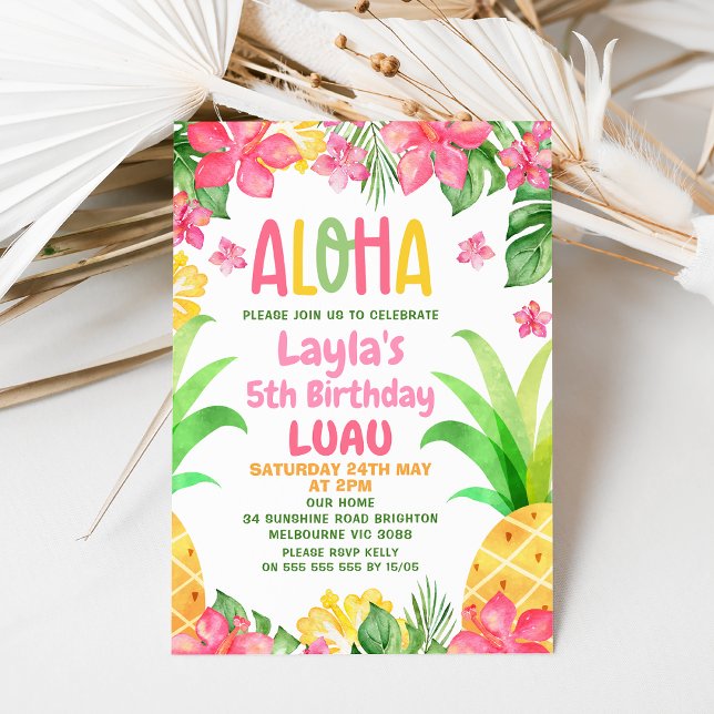 Rosa Blommigt Pineapple Aloha Luau Birthday Inbjudningar (Aloha Luau Birthday Invitation, Hawaiian birthday invite, Pineapple Birthday Invitation,
Summer)