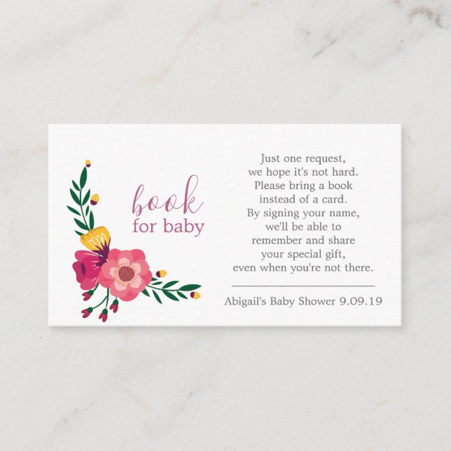Rosa Blommigt Polka Dot Bok Request Baby Shower Tilläggskort (Framsida)