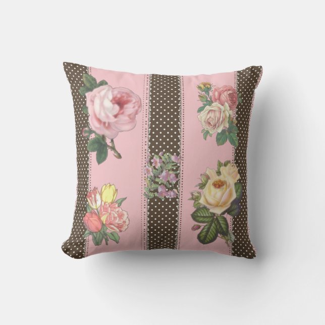 Rosa Blommigt Polka punkt Reversible Decorative Pi Kudde (Framsida)
