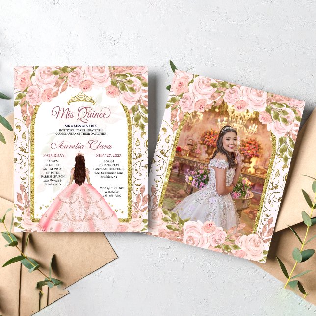  Rosa Blommigt Princess Arch Photo Quinceanera (Skapare uppladdad)