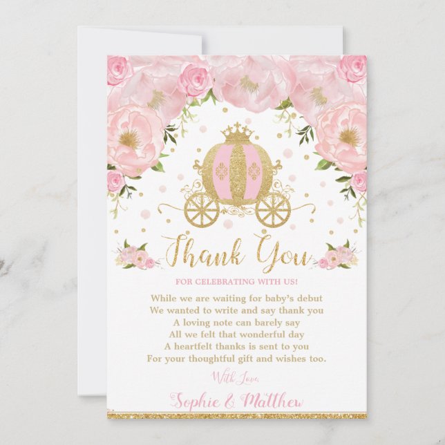 Rosa Blommigt Princess Baby Shower Pumpkin Carriag Tack Kort (Framsida)