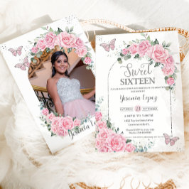 Rosa Blommigt Princess Butterflies Photo Sweet 16 Inbjudningar
