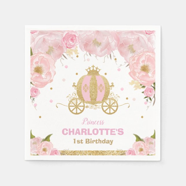 Rosa Blommigt Princess Carriage Birthday Baby Show Pappersservett (Framsidan)